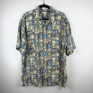 Pierre Cardin Mens XL Hawaiian Aloha Shirt Palm Tree Fish Tiki Print Retro